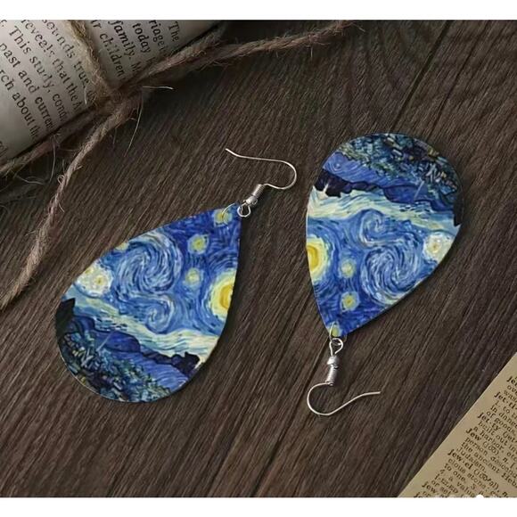 Van Gogh Starry Nights on Teardrop Leatherette Earrings - Picture 4 of 5
